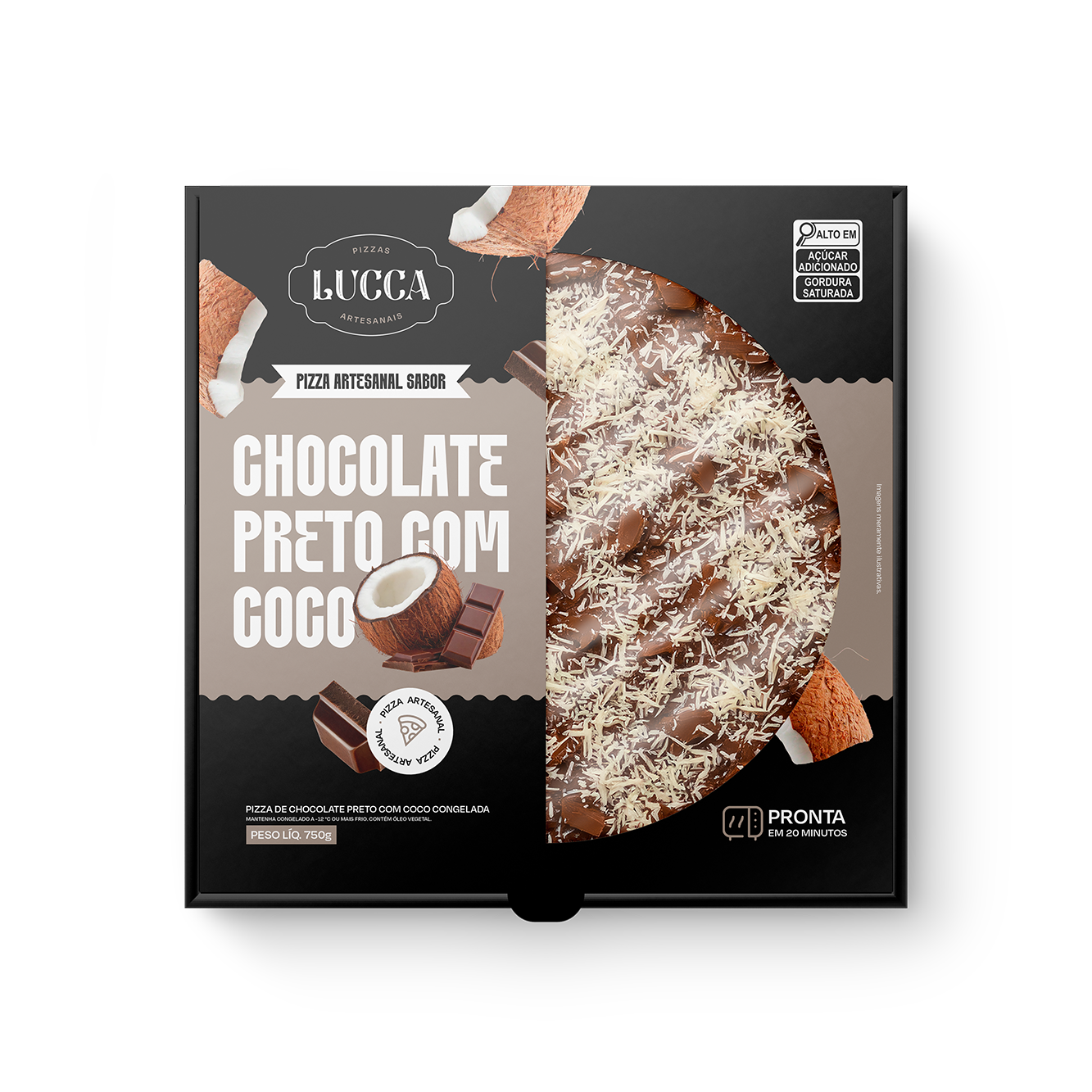 [Lucca Pizzas] Embalagem Chocolate Preto com Coco