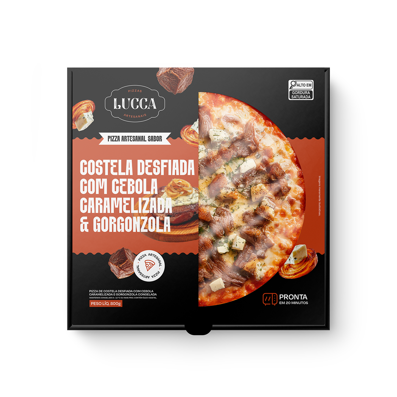[Lucca Pizzas] Embalagem Costela Desfiada, Cebola Caramelizada e Gorgonzola